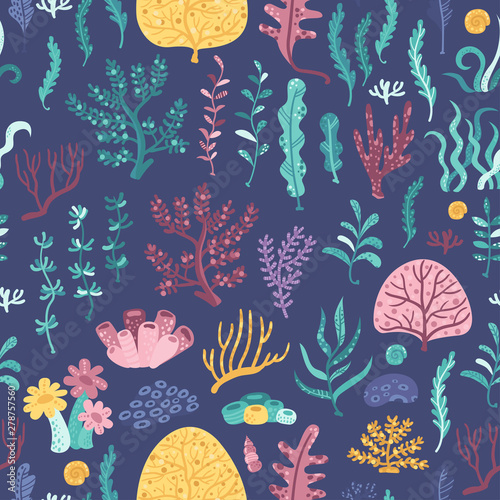 Seamless pattern with seaweeds and corals
