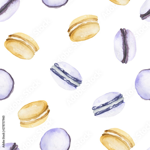 Watercolor seamless pattern of macaroons. Cute texture of hand drawn cookies. Perfect for menu background, wrapping paper, packages.