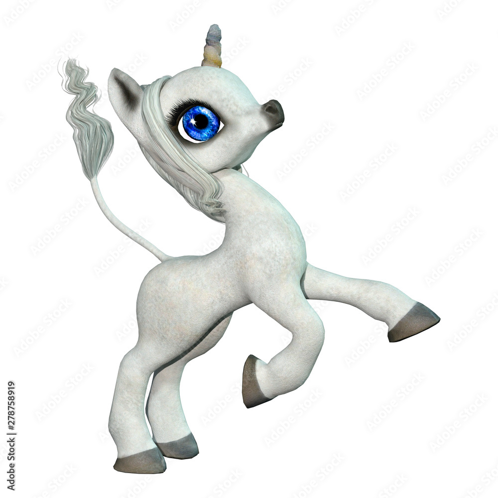 3D Rendering Fairy Tale Little White Unicorn on White