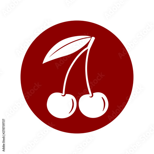 Cherry icon. Cherry in the circle sign isolated on white background. Symbol cherry with leaf. Vector illustration