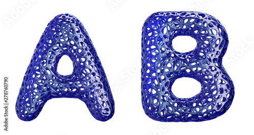 Realistic 3D letters set A, B made of blue plastic.