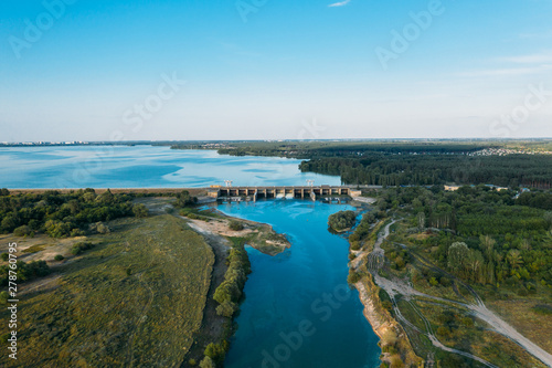 Dam at Voronezh water reservoir, aerial view