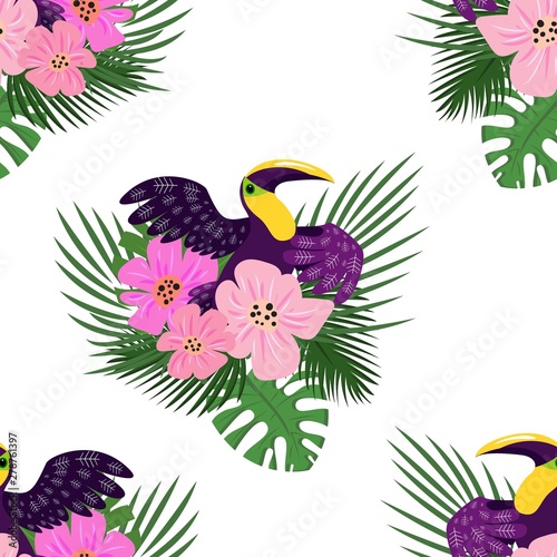 Toucan paradise pattern. Cartoon illustration of toucan paradise vector pattern for web design
