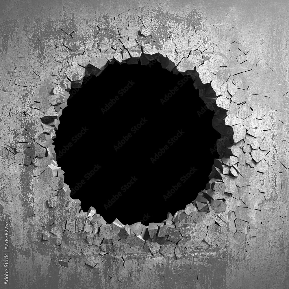 Dark cracked broken hole in concrete wall. Grunge background - obrazy, fototapety, plakaty 
