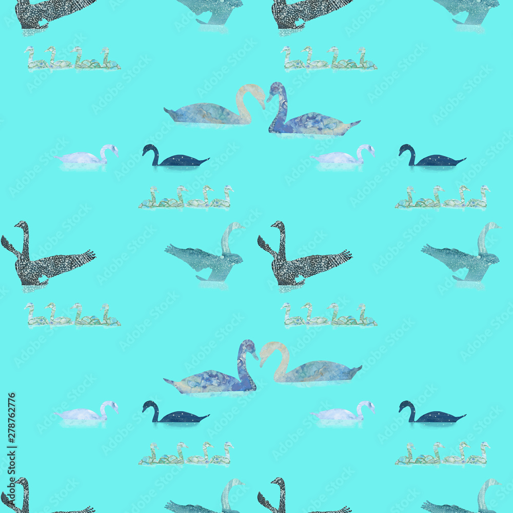 Hand drawn seamless pattern with swans swimming and flapping its wings. Silhouette design for wallpapers and fabrics Hand drawn seamless pattern with swans swimming and flapping its wings. Silhouette design for wallpapers and fabrics