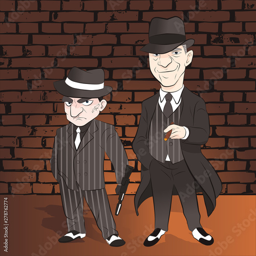 Two mafia standing on brick wall. wear hat and hold gun. vector illustration isolated cartoon hand drawn background