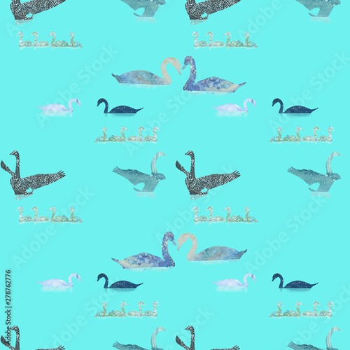 Fototapeta Naklejka Na Ścianę i Meble -  Hand drawn seamless pattern with swans swimming and flapping its wings. Silhouette design for wallpapers and fabrics