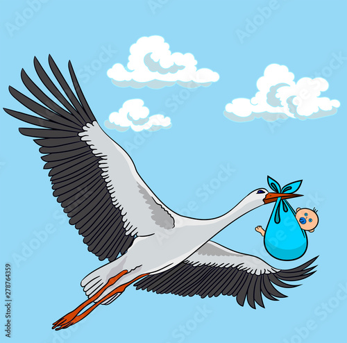 A stork flies against the sky with a baby in its beak