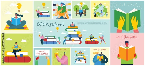 Vector concept illustrations of World Book Day, Reading the books and Book festival in the flat style. People sit, stand and walk and read a book
