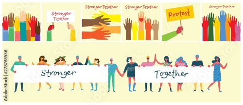Vector illustration of Activists men and women holding hands together in the flat style. Concept illustration with colored characters. Stronger together