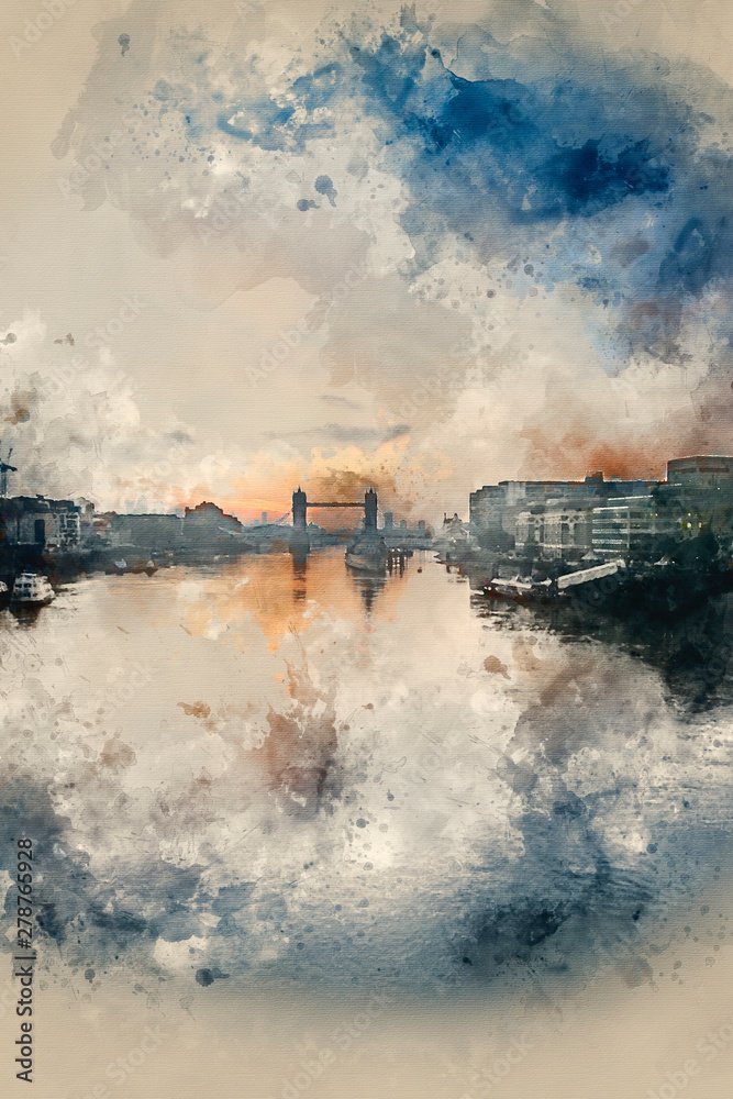 Digital watercolour painting of Beautiful Autumn Fall  dawn sunrise over River Thames and Tower Bridge in London
