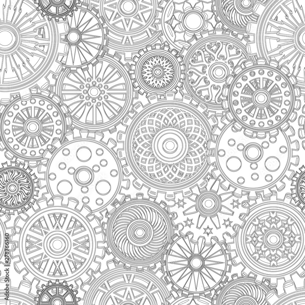 Seamless pattern with gears in the style of steampunk. Black and white pattern for coloring book for kids and adults. Vector illustration. Seamless pattern with gears in the style of steampunk. Black and white pattern for coloring book for kids and adults. Vector illustration.