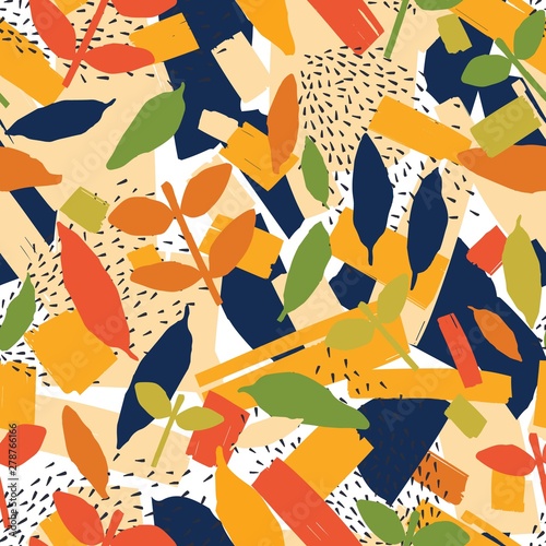 Artistic seamless pattern with colorful autumn foliage, paints stains and marks