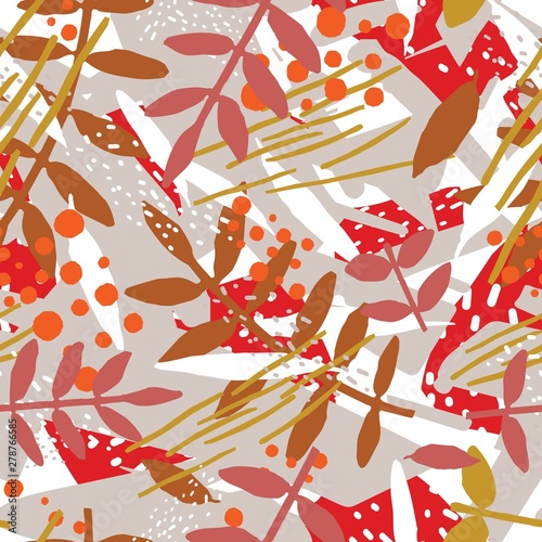 Abstract botanical seamless pattern with foliage or leaves and chaotic abstra...