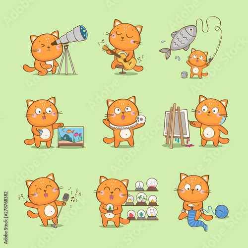 Set of cute cartoon cat character representing different hobbies: fishkeeping, playing guitar, fishing, acting, singing, painting, collecting, knitting, amateur astronomy