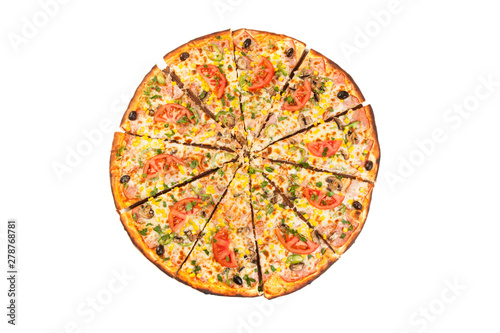 Delicious pizza, isolated on white. Top view