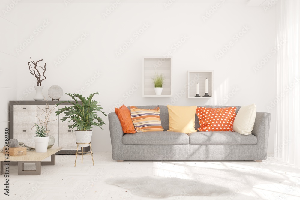 Obraz premium Stylish room in white color with sofa. Scandinavian interior design. 3D illustration