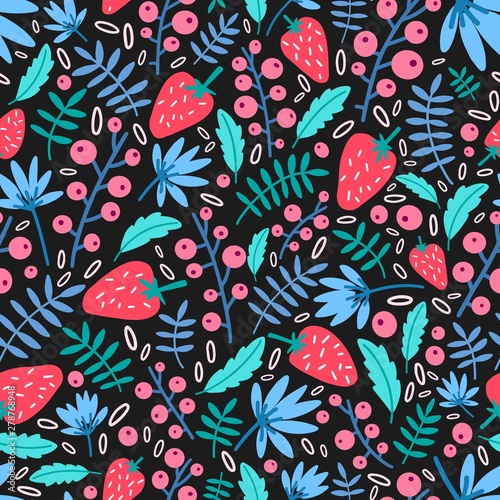 Seasonal seamless pattern with garden strawberries and leaves on black backgr...