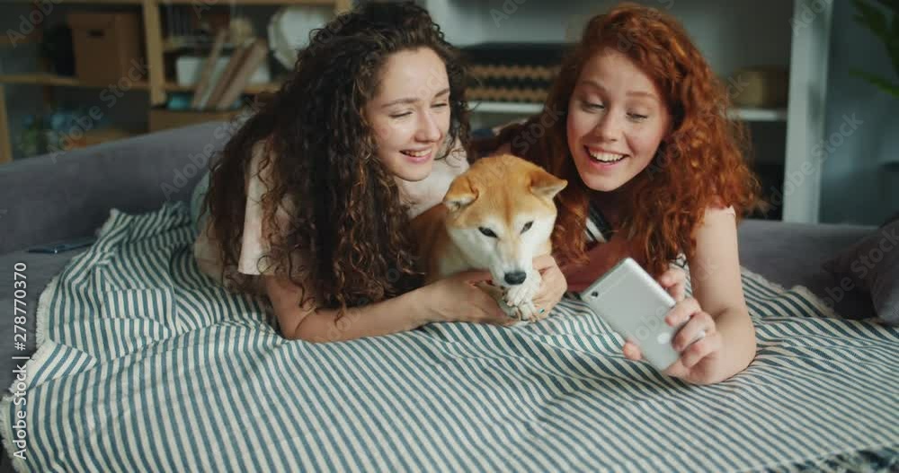 Joyful sisters attractive girls are taking selfie with adorable doggy using smartphone camera lying on couch at home smiling having fun. People and self portrait concept. Joyful sisters attractive girls are taking selfie with adorable doggy using smartphone camera lying on couch at home smiling having fun. People and self portrait concept.