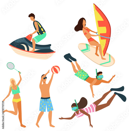 People relaxing by seaside vector, man and woman playing tennis at beach. Windsurfing and water jet scooter transport for summer fun, snorkeling divers hobby. Summertime activity
