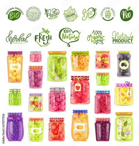 Natural ingredients vector, isolated set of logotypes eco meal and preserved food in pots, strawberries and raspberries, olives and peas, oranges tomato. Preserves jars with eco stikers