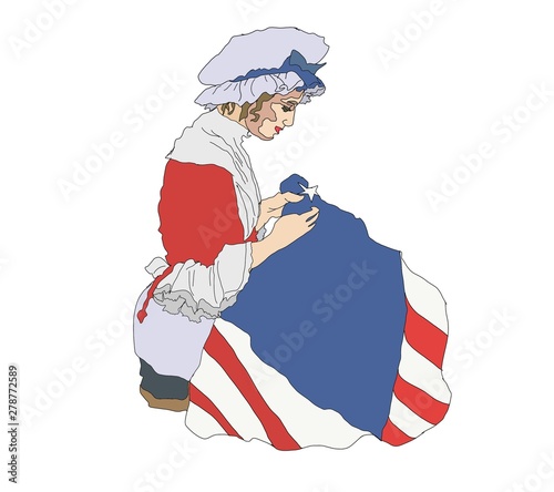 Betsy Ross sewing American national flag illustration