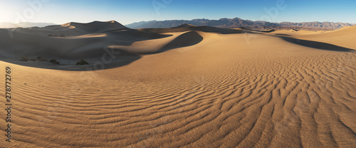 Early Morning Sunlight Over Sand Dunes And Mountains At Mesquite flat dunes  Death Valley National Park  California USA Stovepipe Wells sand dunes  very nice structures in sand Beautiful background