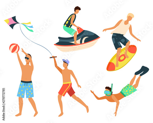 People using water transport for fun vector, isolated man standing on surfing board. Snorkeling diver wearing mask. Summertime sport. Kite sand jet machine summer activity
