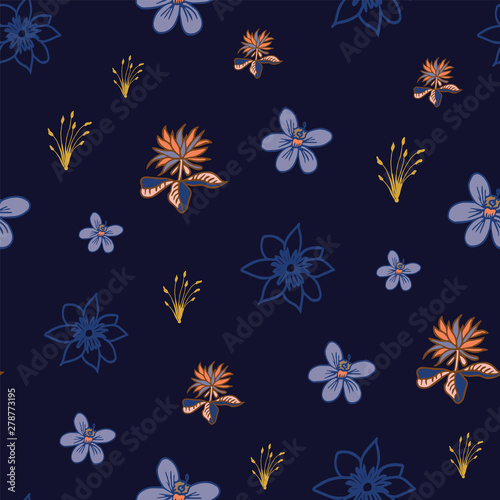 Vector tropical flowers seamless pattern repeat on dark blue background © dora