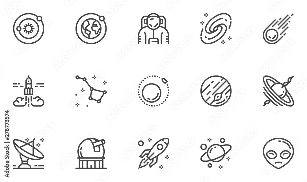 Space and Astronomy Vector Line Icons Set. Planets Of The Solar System, Stargazing, Observatory, Universe, Galaxy, Black Hole. Editable Stroke. 48x48 Pixel Perfect. Space and Astronomy Vector Line Icons Set. Planets Of The Solar System, Stargazing, Observatory, Universe, Galaxy, Black Hole. Editable Stroke. 48x48 Pixel Perfect.
