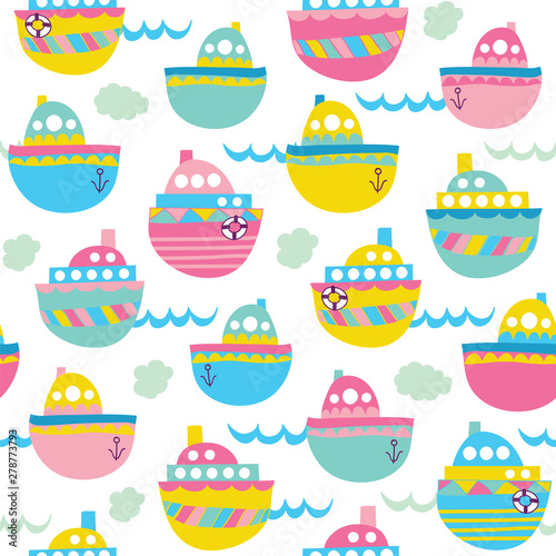 Seamless vector pattern with cute steamboats in kids style.