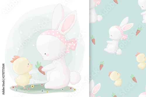 Cute hand drawn bunny and little chick with seamless pattern set