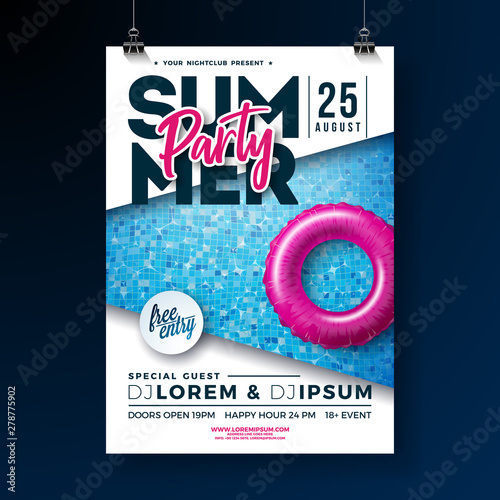Summer party poster design template with typography letter and float on blue pool background. Vector holiday illustration for banner, flyer, invitation, celebration poster.