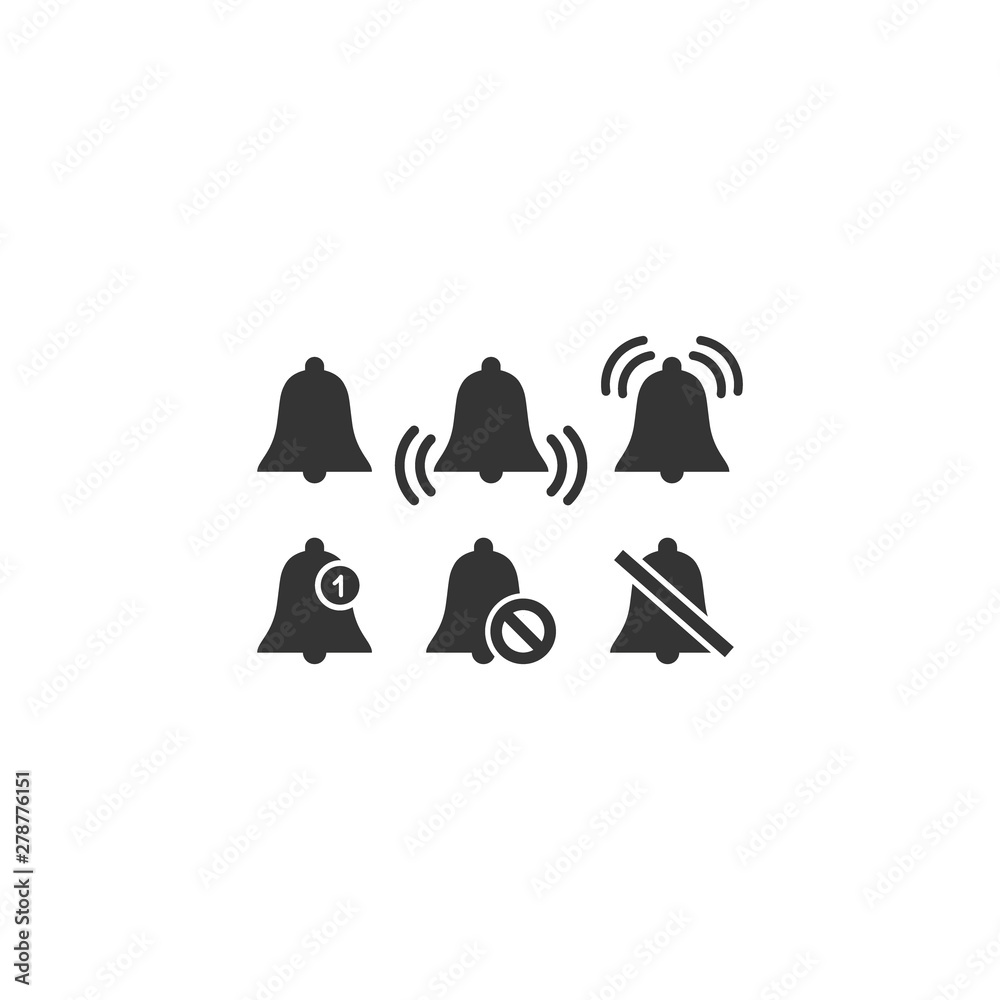 Bell notification and sound simple black vector icon set. Mute bell, no sound and bell ring isolated glyph symbols. Bell notification and sound simple black vector icon set. Mute bell, no sound and bell ring isolated glyph symbols.