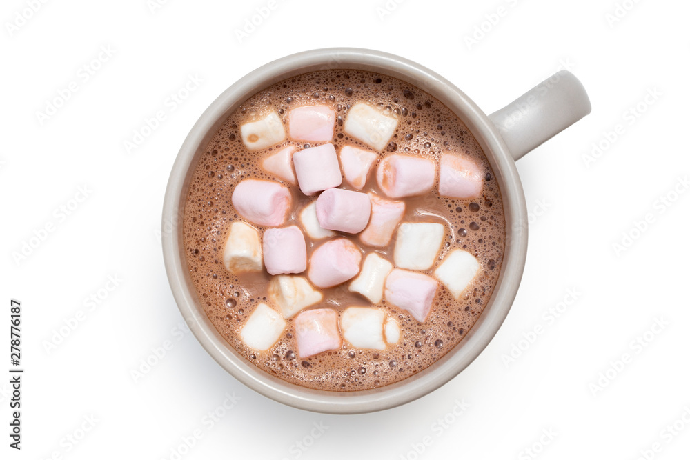 Fotobehang Chocolade Hot chocolate with small pink and white marshmallows in a grey ceramic mug isolated on white from above. #278776187
