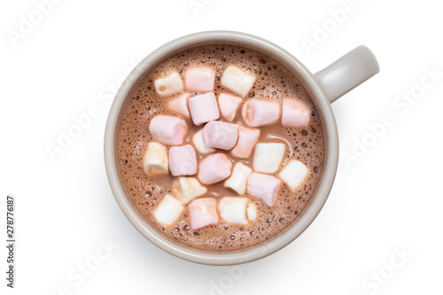 Hot chocolate with small pink and white marshmallows in a grey ceramic mug isolated on white from above.
