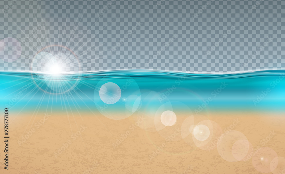 Vector blue ocean landscape design with transparent background. Summer ...