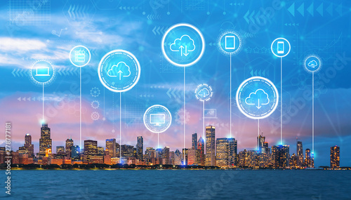 Cloud computing with downtown Chicago cityscape skyline with Lake Michigan