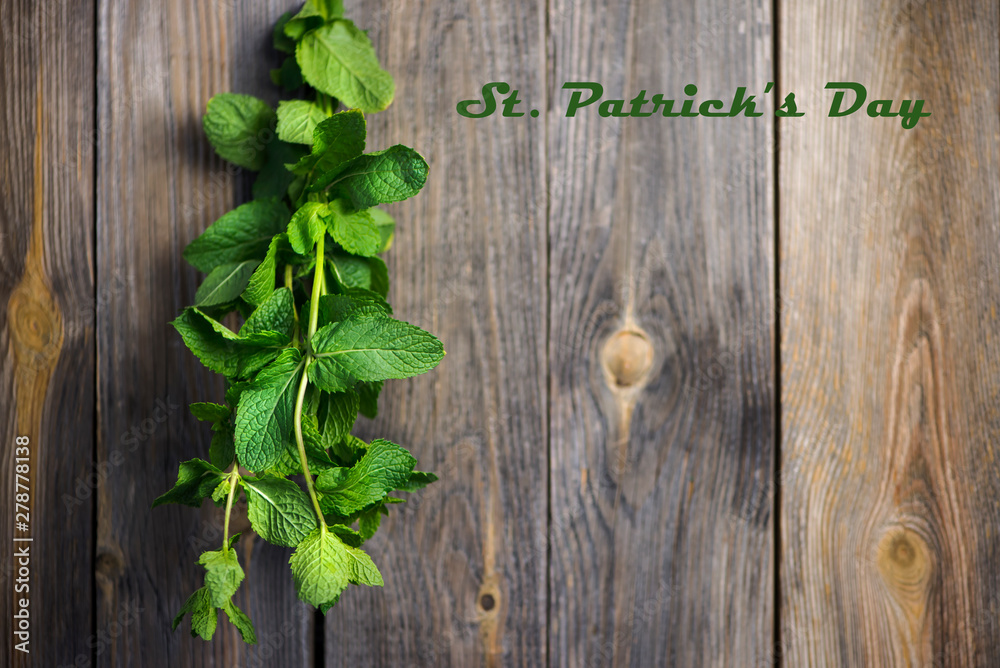 branch with leaves of fresh green mint on the old wooden background branch with leaves of fresh green mint on the old wooden background