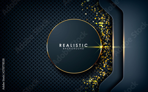 Gray abstract dimension on dark textured background. Realistic overlap layers texture with golden lights and golden glitters element decoration.