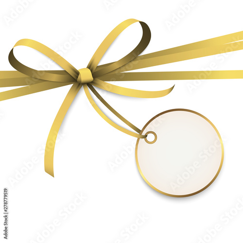 golden colored ribbon bow with hang tag