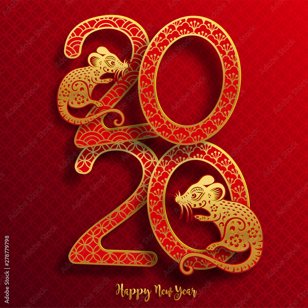 Happy chinese new year 2020 year of the rat ,paper cut rat character,flower and asian elements with craft style on background. (Chinese translation : Happy chinese new year 2020, year of rat) Happy chinese new year 2020 year of the rat ,paper cut rat character,flower and asian elements with craft style on background. (Chinese translation : Happy chinese new year 2020, year of rat)