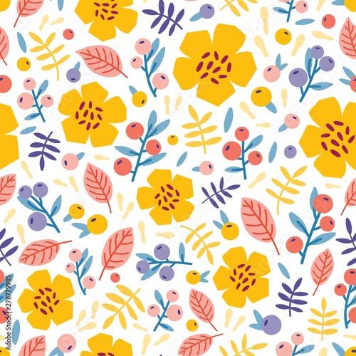 Summer seamless pattern with blooming plants on white background