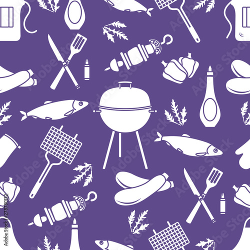 Seamless pattern with grill, barbecue tools. BBQ