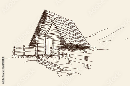 Old rustic wooden house in the mountains. Drawing sketch isolated on beige background.