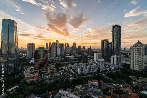 Sunset over Jakarta business district in Indonesia
