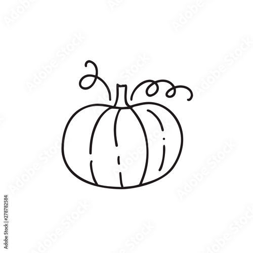 Isolated monoline contour pumpkin on white background. Hand drawn vector doodle. Autumn sketch drawing illustration
