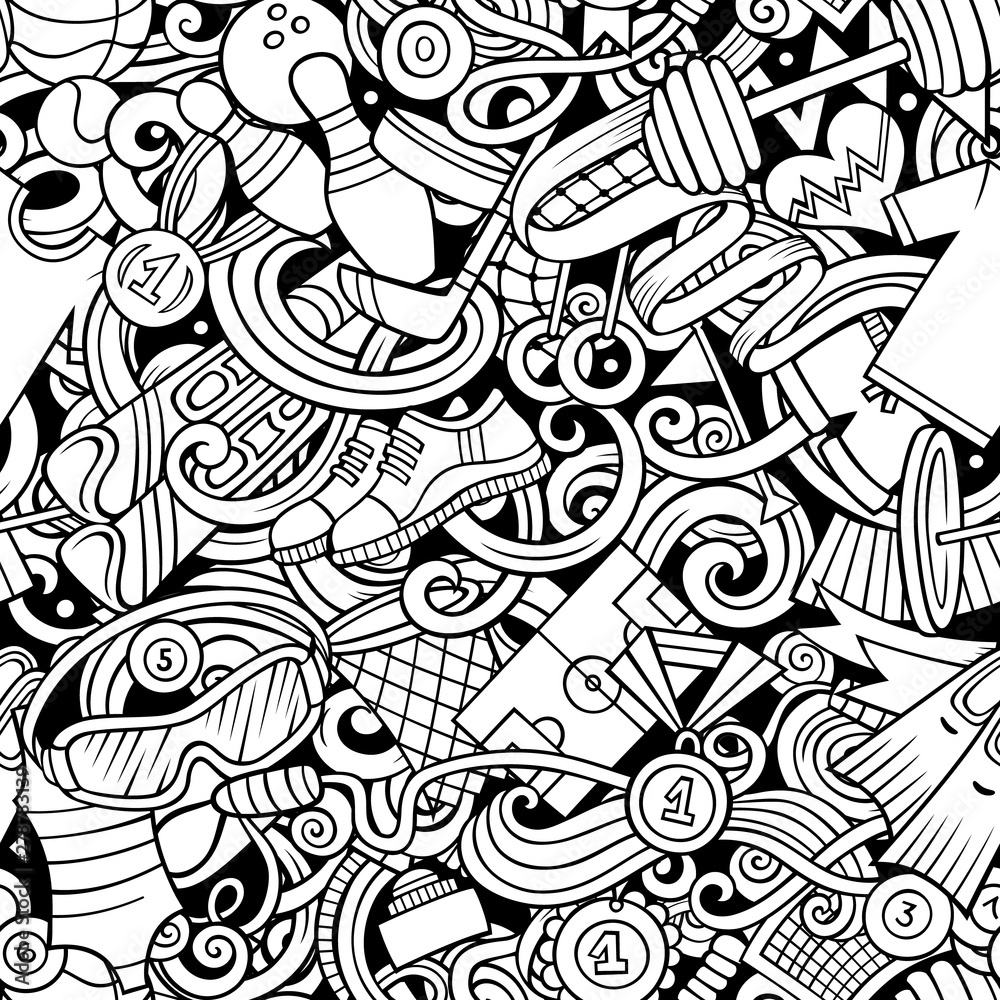 Sports hand drawn doodles seamless pattern. Line art vector background
