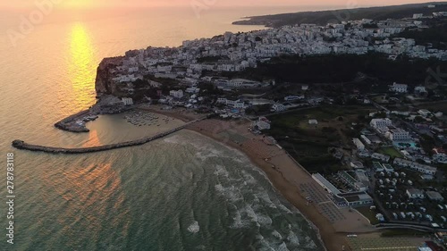 Aerial view of Peschici  sunrise, a country on the sea in Puglia in Italy