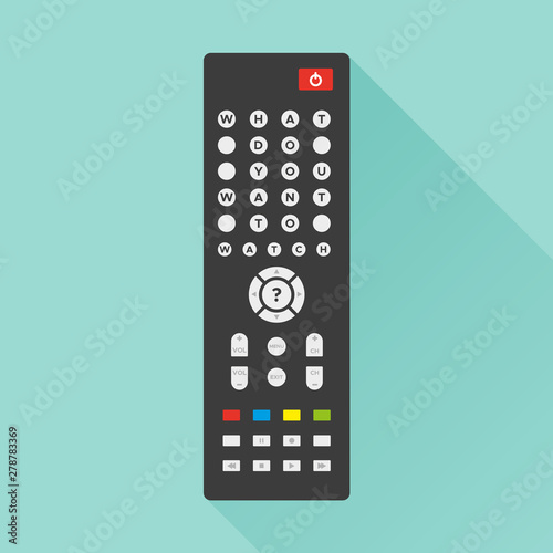 TV remote control with long shadow on turquoise background. On the buttons the text: "What do you want to watch?" Concept of streaming television, web television, video on demand. Vector flat design